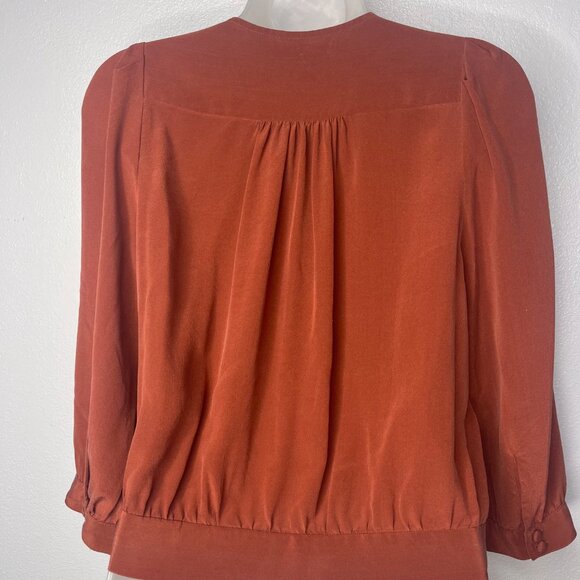 Madewell Rust 3/4 Sleeve 100% Silk Wrap Blouse V-Neck Tie Waist Detail SZ M - Picture 2 of 12